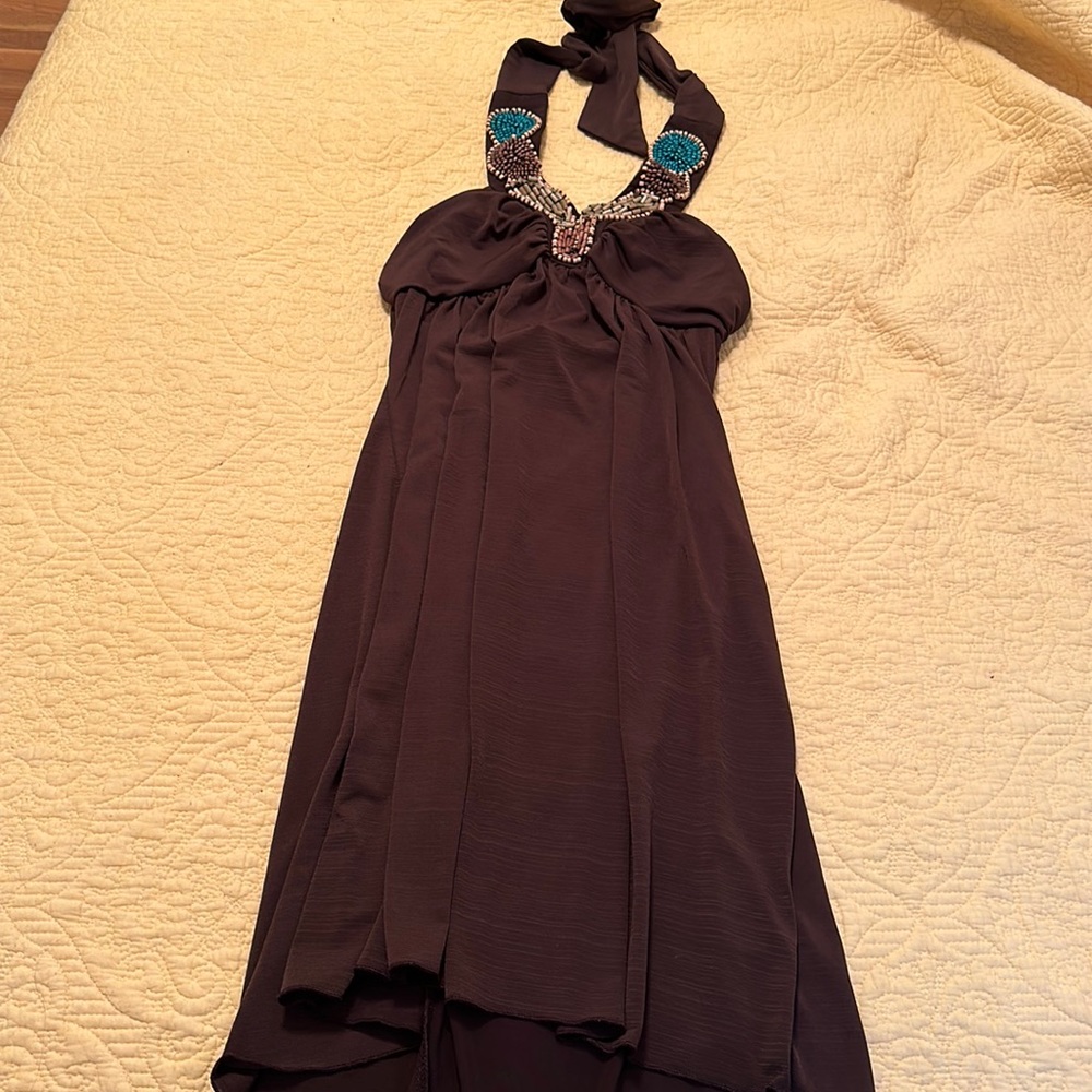 Brown mini dress, under the shoulder blades back, behind the neck tie straps.